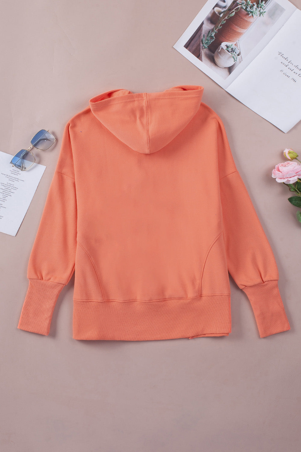 Orange Batwing Sleeve Pocketed Henley Hoodie - SELFTRITSS