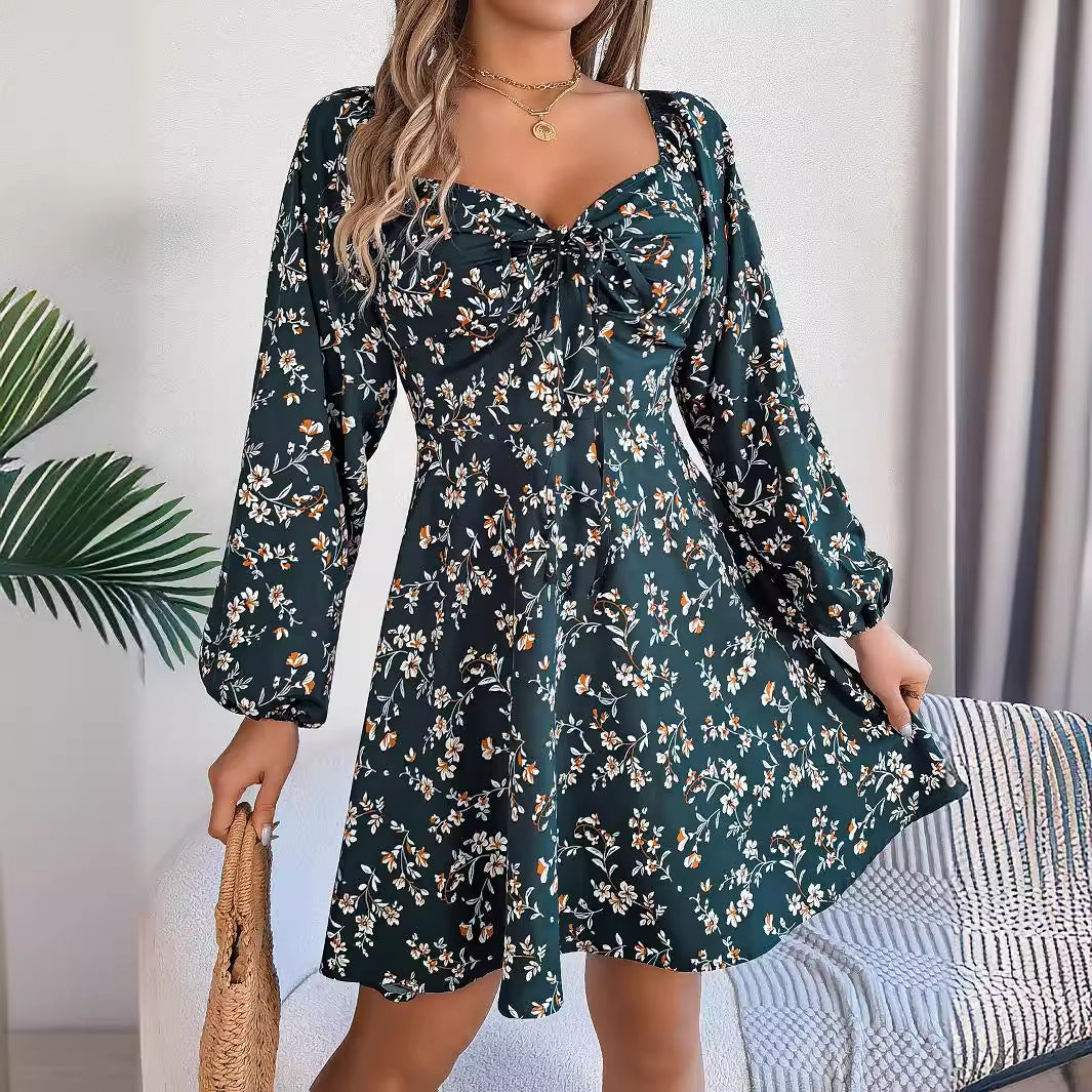 Women's Casual Floral Print Lantern Sleeve Dress - SELFTRITSS   