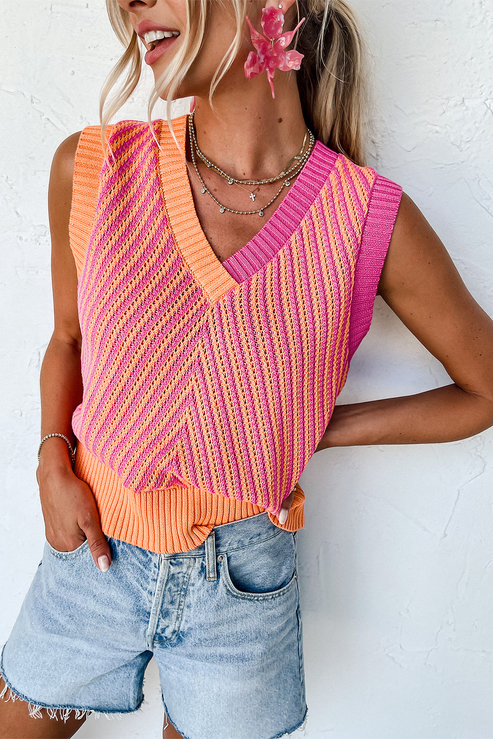 Strawberry Pink Contrast Chevron Knit V Neck Sweater Vest - SELFTRITSS   