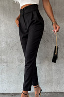 Black Button High Waist Tapered Pants - SELFTRITSS