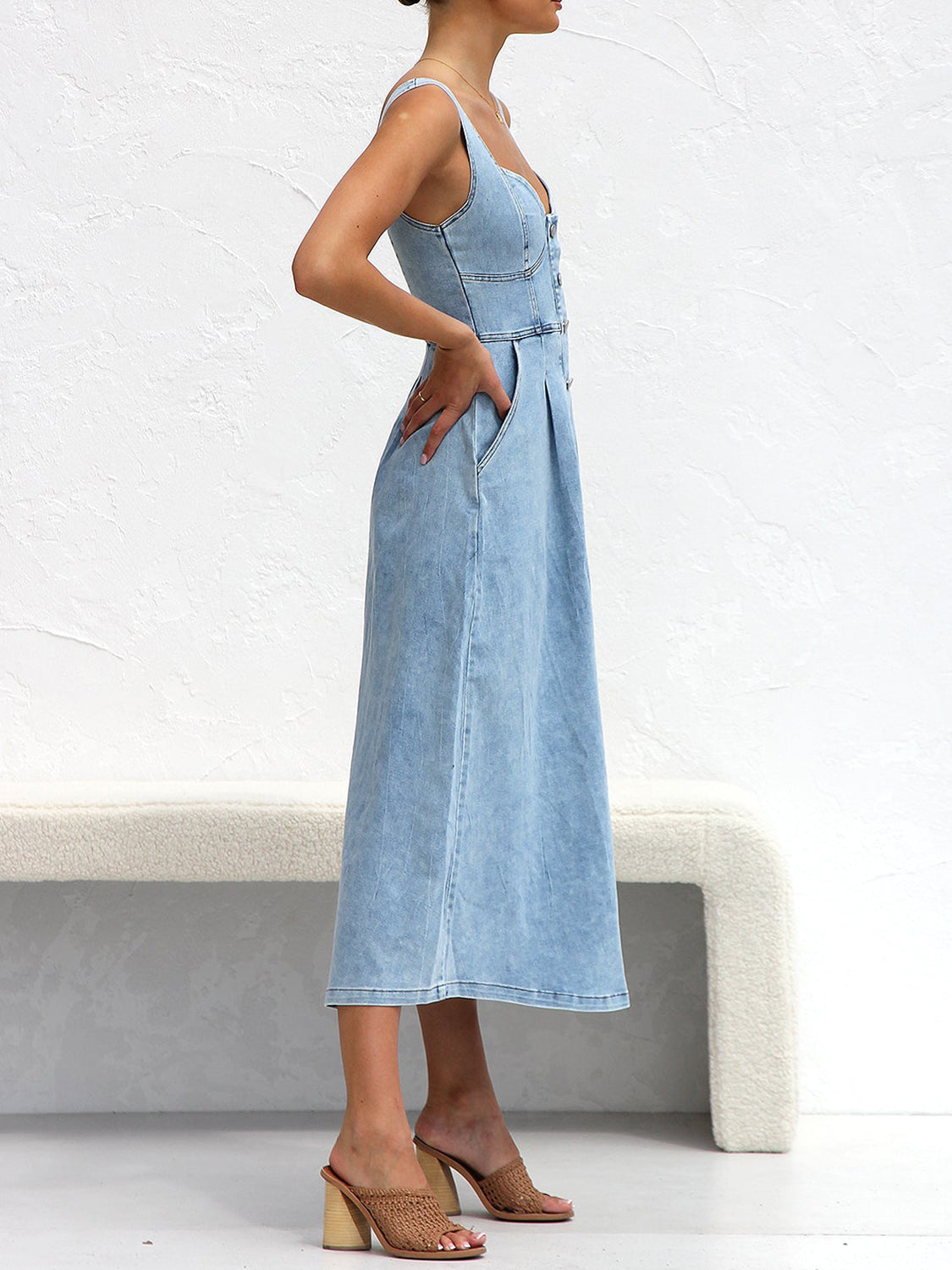 Sweetheart Neck Wide Strap Denim Dress - SELFTRITSS   