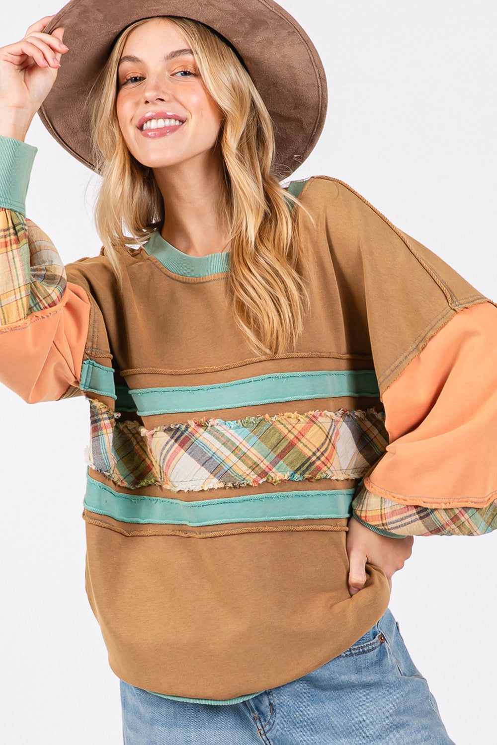 Boho Raw Edge Color Block Sweatshirt