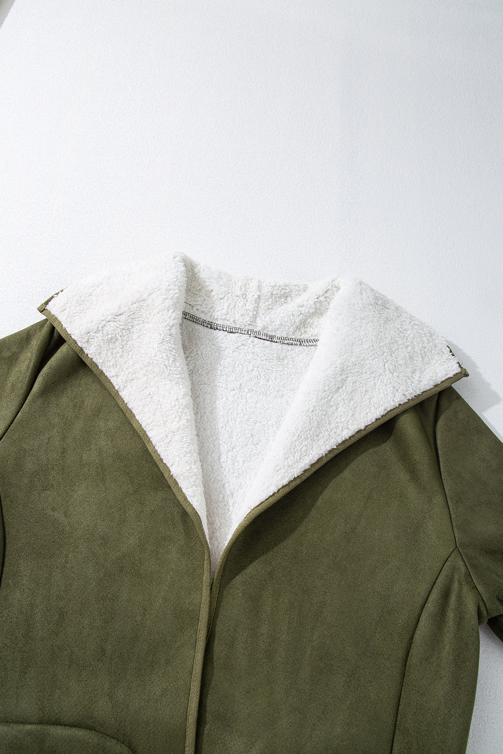 Green Faux Suede Fleece Lined Open Front Jacket - SELFTRITSS   