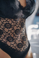 Black Bubble Sleeve Scalloped Lace Bodysuit - SELFTRITSS