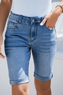 Sky Blue Acid Wash Roll-up Edge Bermuda Short Jeans - SELFTRITSS