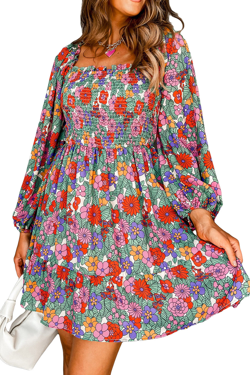 Floral Smocked Bust Square Neck Ruffled Dress - SELFTRITSS