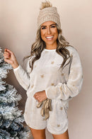 White Plush Star Pattern Long Sleeve Pullover and Shorts Lounge Set - SELFTRITSS