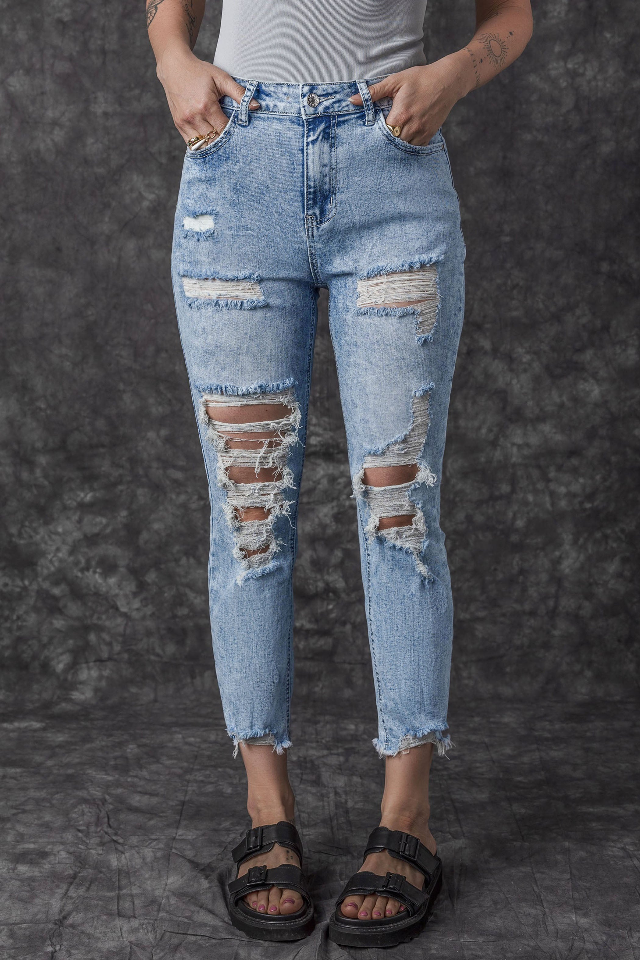Sky Blue Acid Wash Distressed Slim Fit Jeans - SELFTRITSS