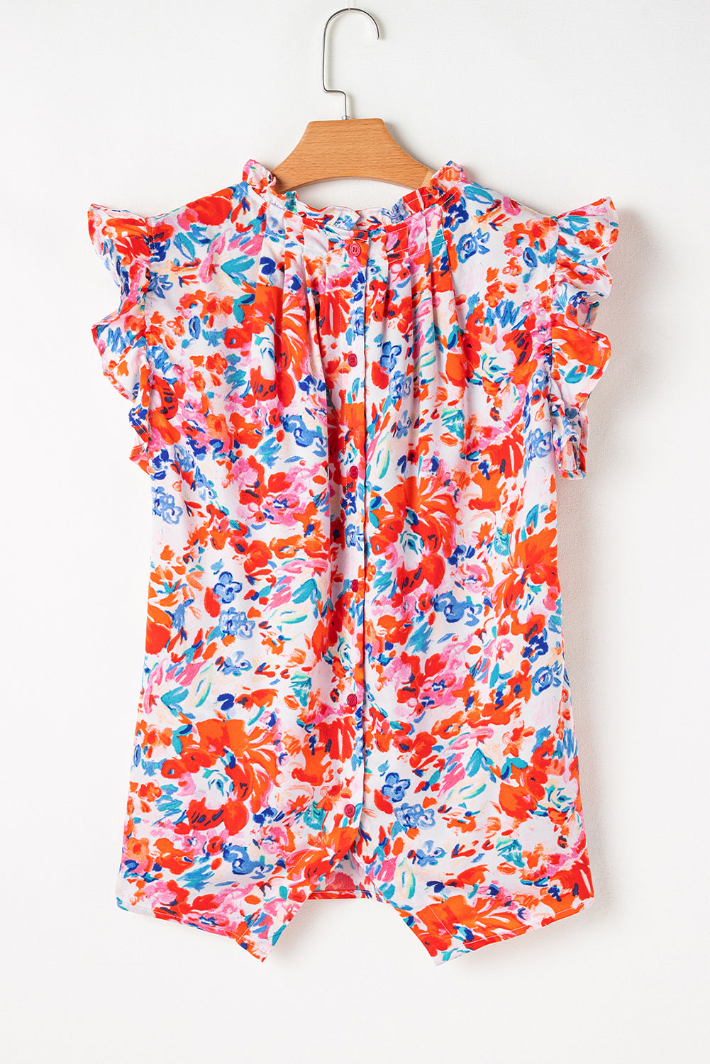 Red Frilled Neck Pleated Boho Floral Tank Top - SELFTRITSS   