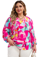 Pink Plus Size Graffiti Print Split Neck Puff Sleeve Blouse - SELFTRITSS