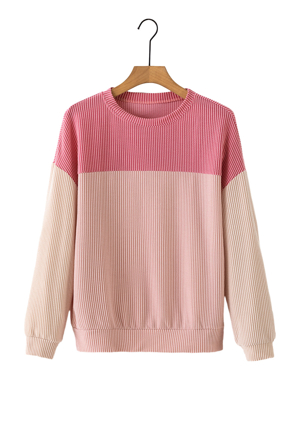 Pink Color Block Long Sleeve Ribbed Loose Top - SELFTRITSS   