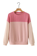 Pink Color Block Long Sleeve Ribbed Loose Top - SELFTRITSS   