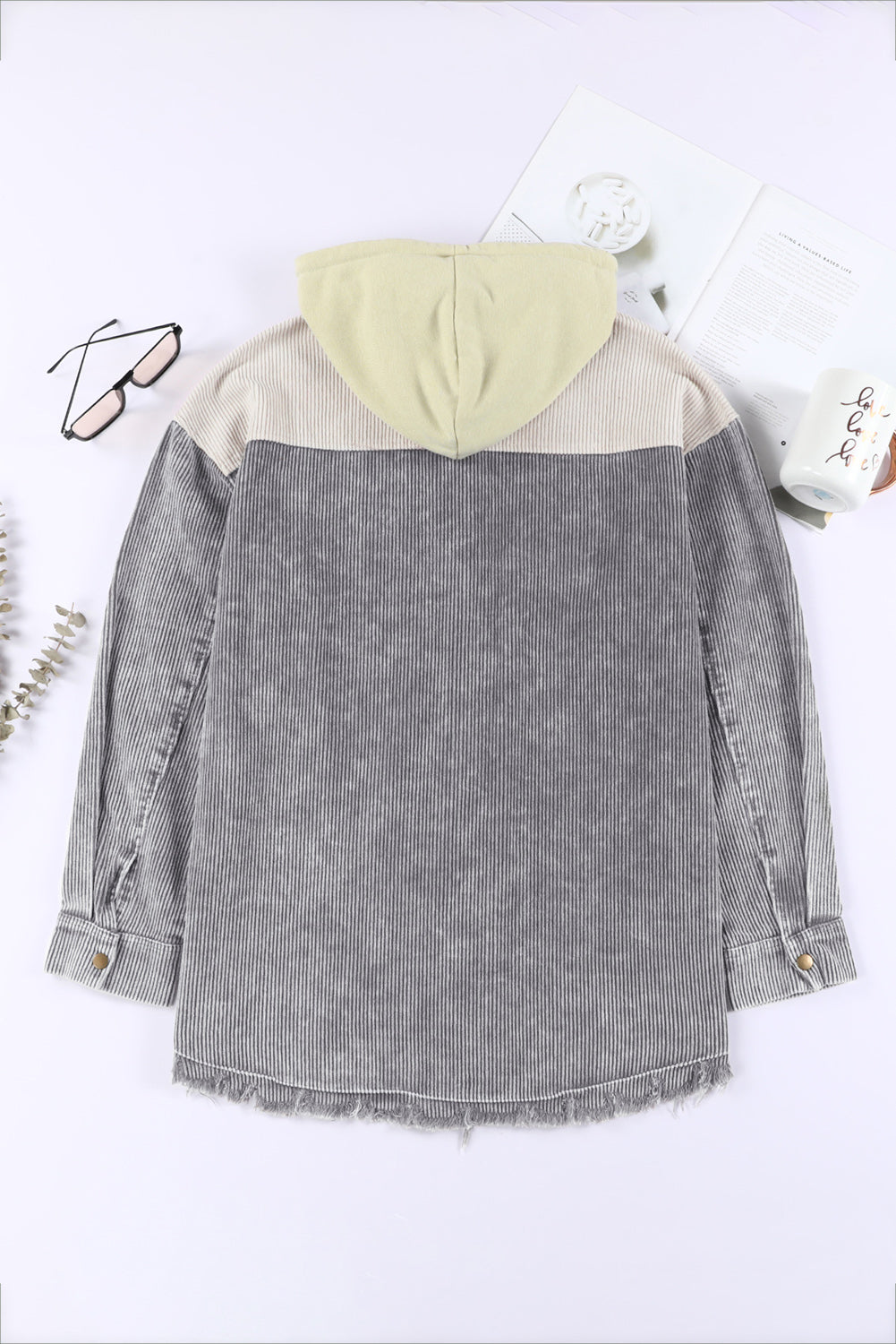 Gray Color Block Button Down Hooded Corduroy Jacket - SELFTRITSS   