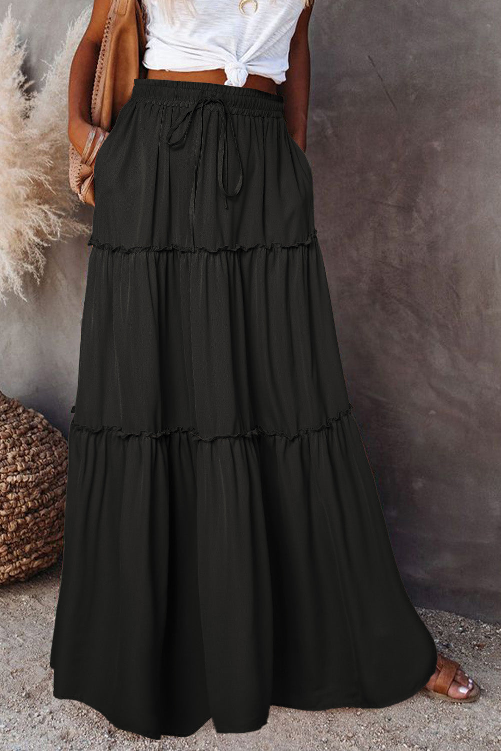 Black Frill Tiered Drawstring Waist Maxi Skirt - SELFTRITSS