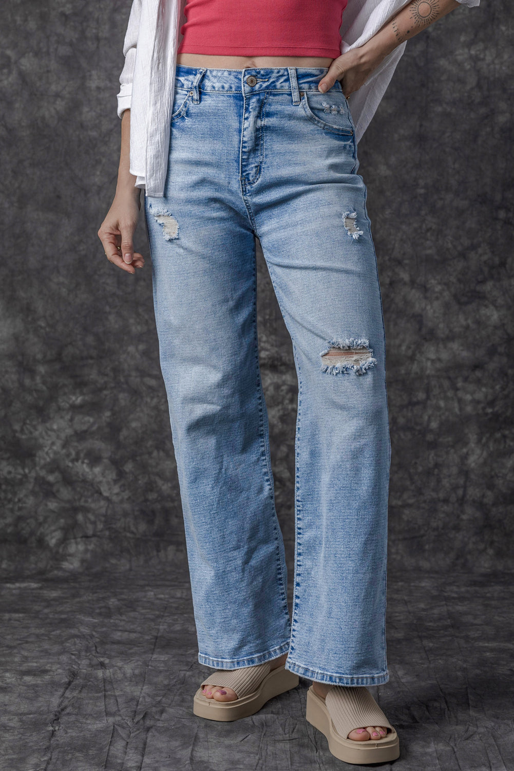 Light Blue High Rise Distressed Straight Leg Jeans - SELFTRITSS