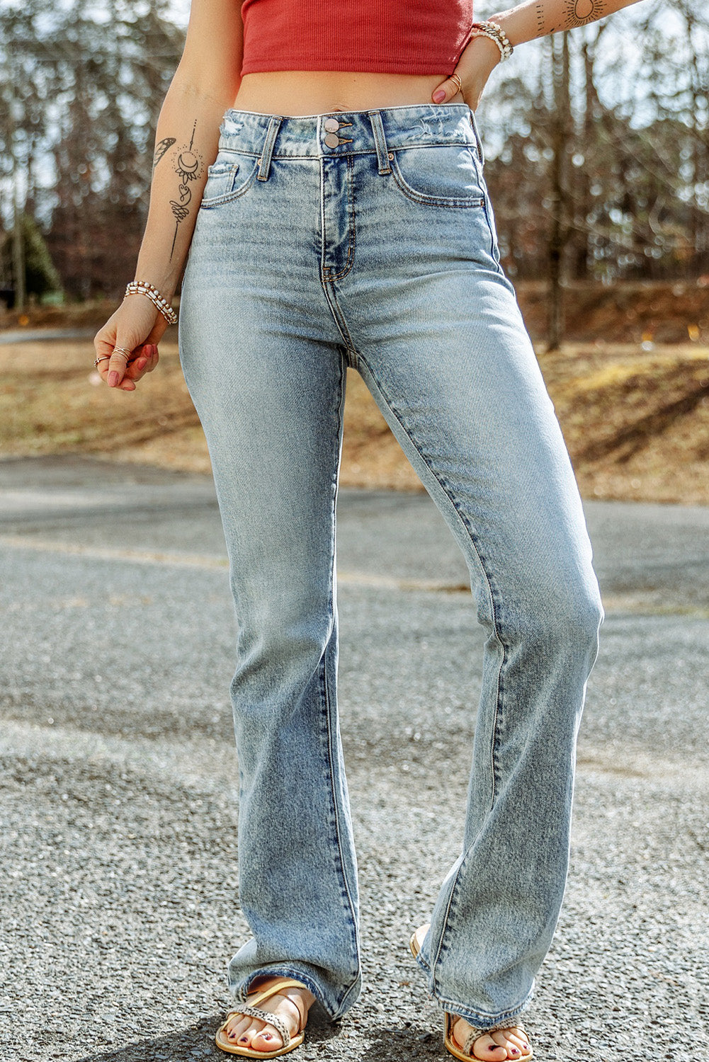 Sky Blue Subtle Ripped Detail Flare Bottom Jeans - SELFTRITSS