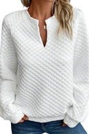 White Split Neck Quilted Long Sleeve Top - SELFTRITSS