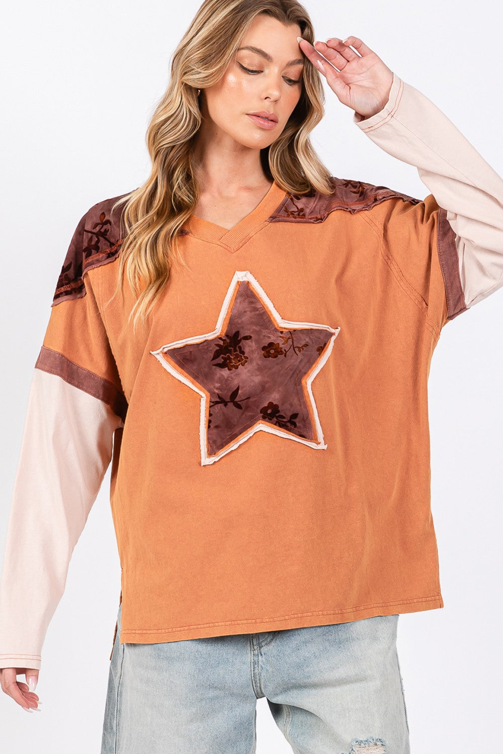 Star Patch Long Sleeve Color Block Sweater - SELFTRITSS   