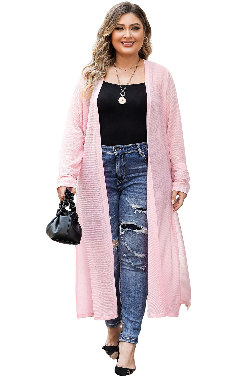 Pink Sheer Knitted Long Side Slit Plus Size Cardigan - SELFTRITSS