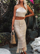 Tassel Tied Top and Openwork Skirt Cover Up Set - SELFTRITSS