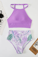 Purple Solid Strappy Halter Bikini Printed High Waist Swimsuit - SELFTRITSS   