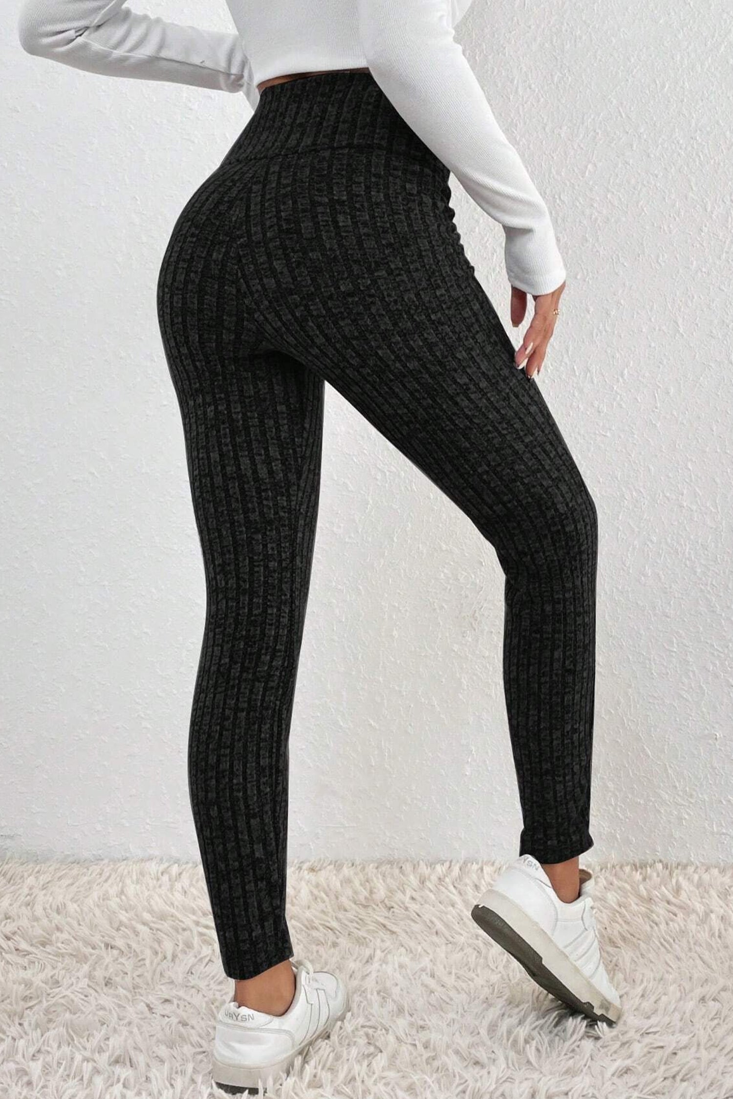 Black Wide Waistband Ribbed Textured Knit Leggings - SELFTRITSS   