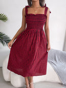 Frill Plaid Square Neck Midi Dress - SELFTRITSS   