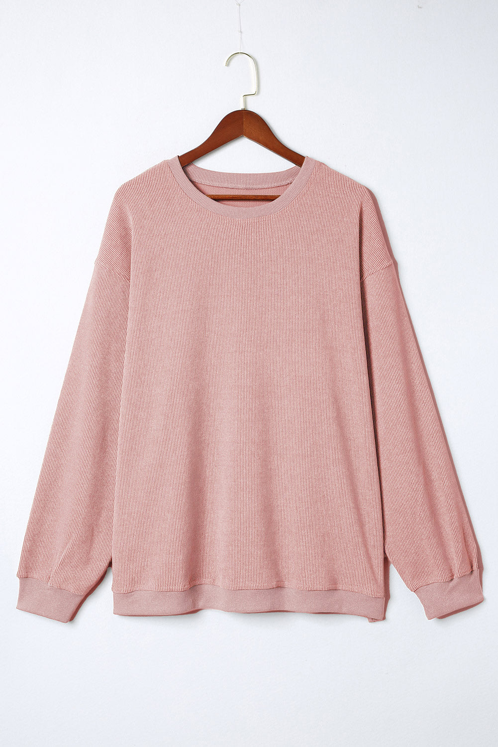 Pink Plus Size Corded Round Neck Sweatshirt - SELFTRITSS