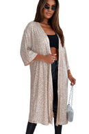 Apricot Sequin 3/4 Sleeve Open Front Duster Kimono - SELFTRITSS