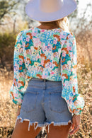 Sky Blue Floral Print Wrap Long Sleeve Bodysuit - SELFTRITSS