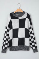 Black Checkered Print Drop Shoulder Sweater - SELFTRITSS