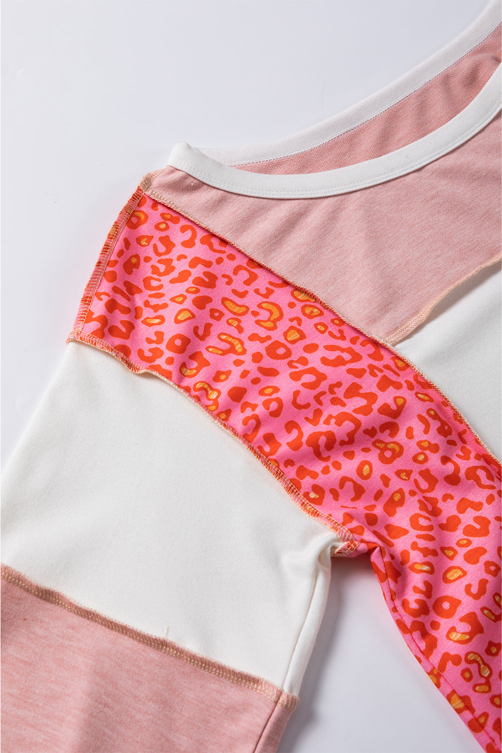 Peach Blossom Leopard Colorblock Patchwork Exposed Seam Top - SELFTRITSS