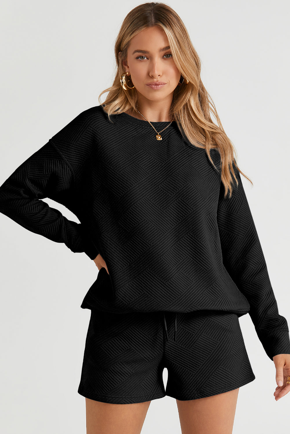 Black Textured Long Sleeve Top and Drawstring Shorts Set - SELFTRITSS