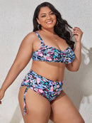 Plus Size Printed Drawstring Detail Bikini Set - SELFTRITSS   