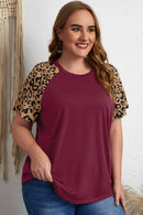 Burgundy Contrast Leopard Raglan Sleeve Plus Size T-shirt - SELFTRITSS