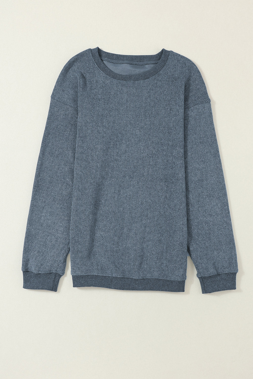 Blue Solid Ribbed Knit Round Neck Pullover Sweatshirt - SELFTRITSS   