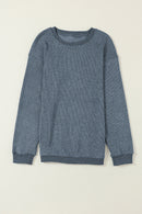 Blue Solid Ribbed Knit Round Neck Pullover Sweatshirt - SELFTRITSS   