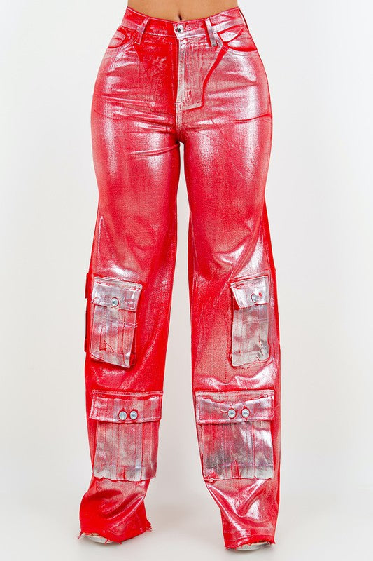 Cargo Wide Leg Jean in Foil Red - SELFTRITSS   