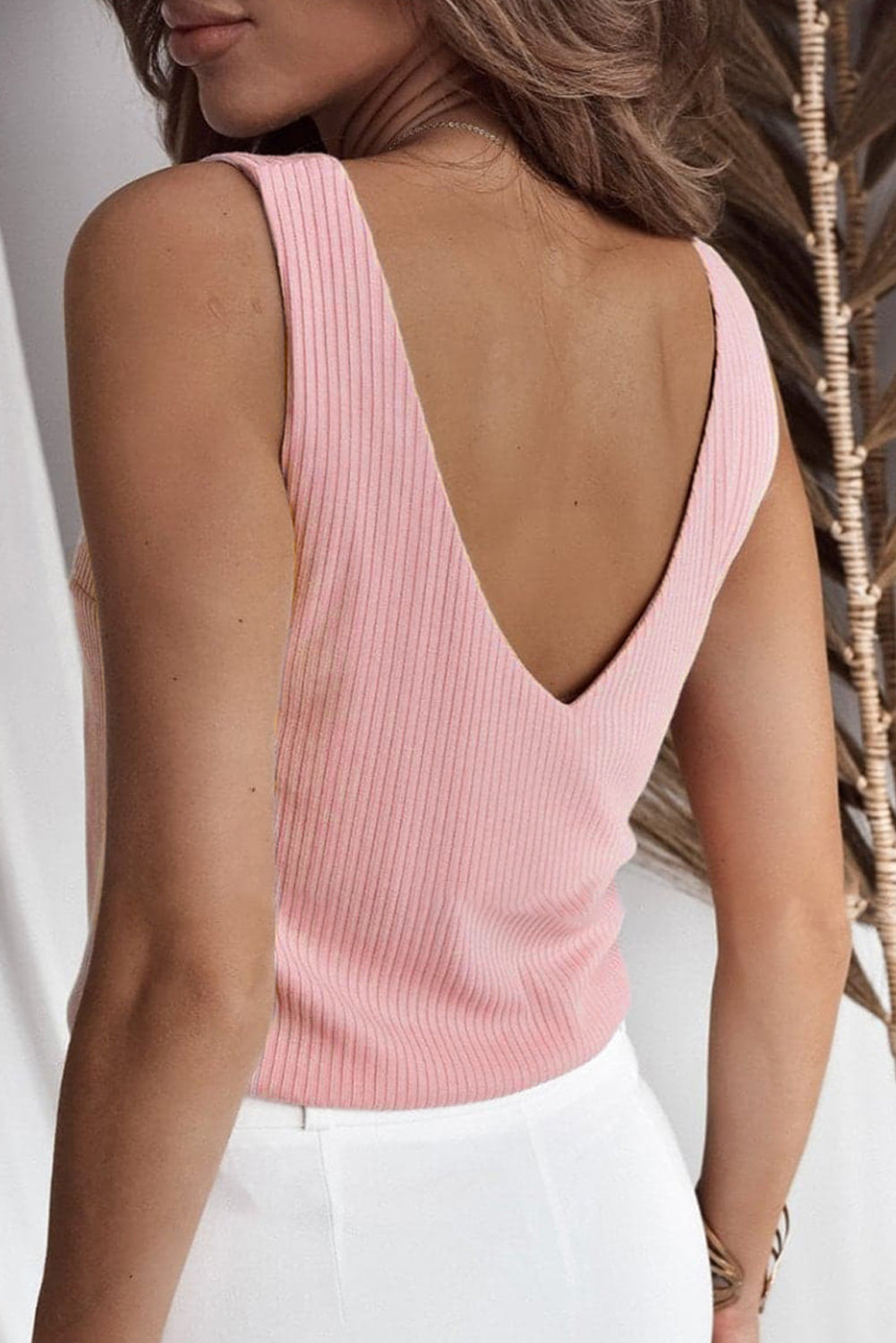 Light Pink V Neck Rib Textured Tank Top - SELFTRITSS