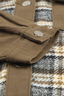 Brown Plaid Patchwork Pockets Denim Jacket - SELFTRITSS