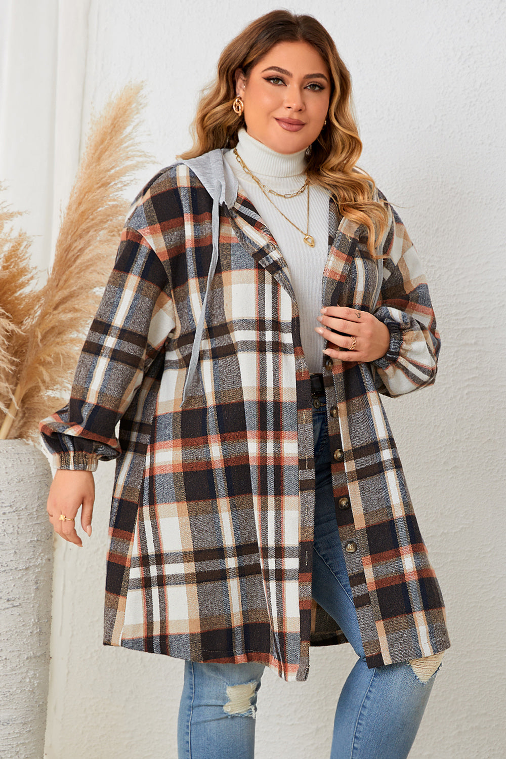 Plus Size Honey Plaid Drop Shoulder Hooded Coat