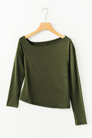 Green Asymmetrical Neckline Long Sleeve Knit Top - SELFTRITSS   