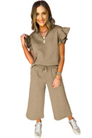 Pale Khaki Textured Flutter Sleeve Top Wide Leg Pants Set - SELFTRITSS