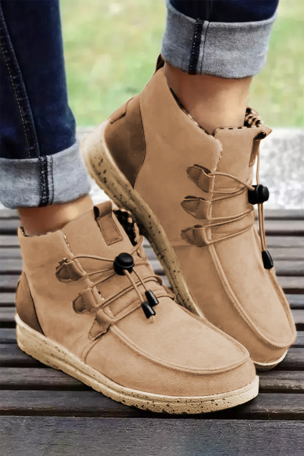 Beige Faux Suede Lace Up Ankle Boots - SELFTRITSS