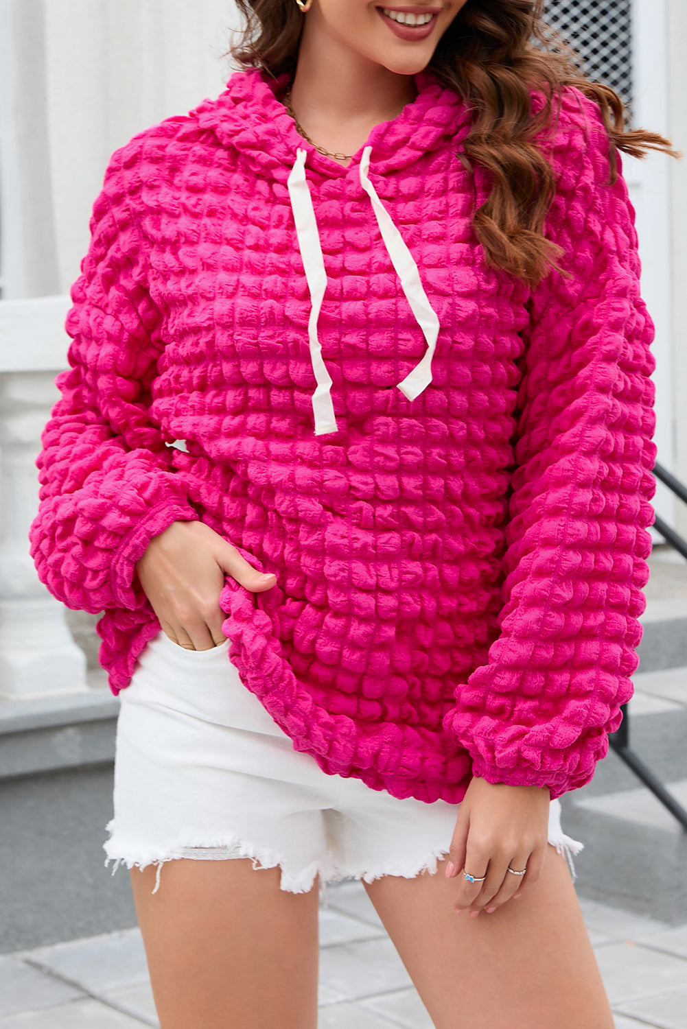 Rose Bubble Textured Waffle Hoodie - SELFTRITSS   