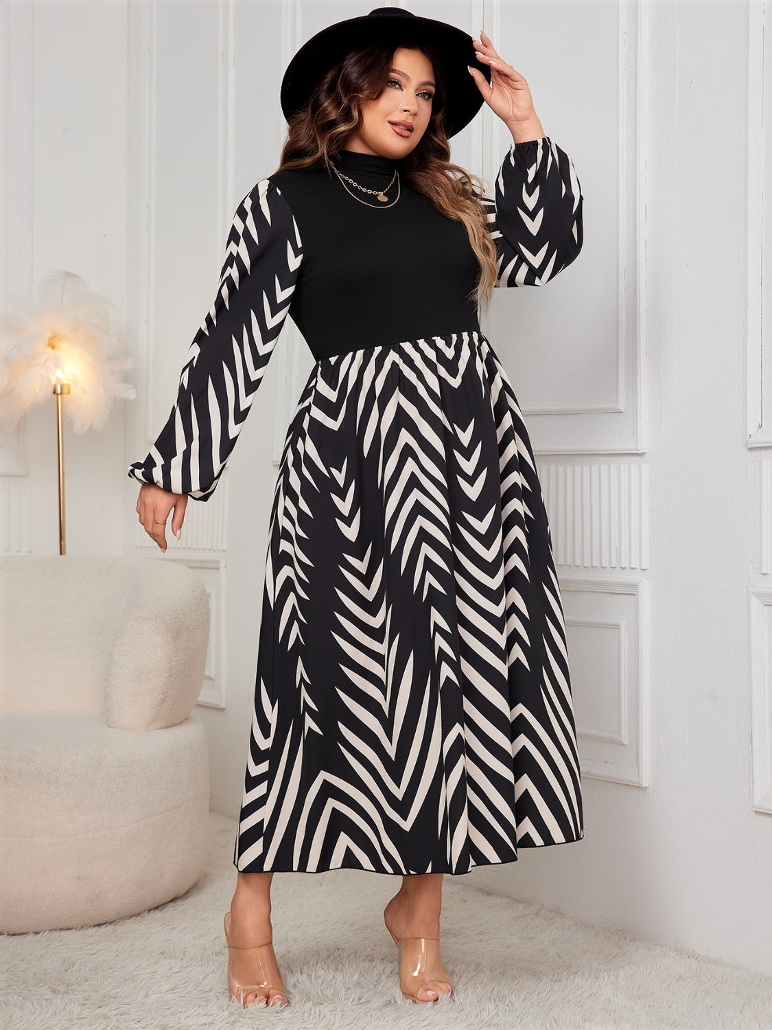 Plus Size Printed Mock Neck Long Sleeve Midi Dress - SELFTRITSS   