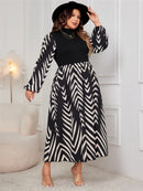 Plus Size Printed Mock Neck Long Sleeve Midi Dress - SELFTRITSS   