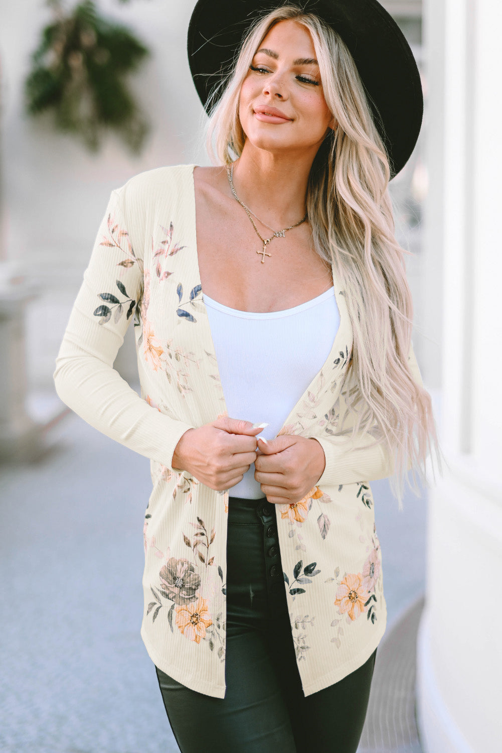 Apricot Floral Print Ribbed Knit Slim Fit Cardigan - SELFTRITSS