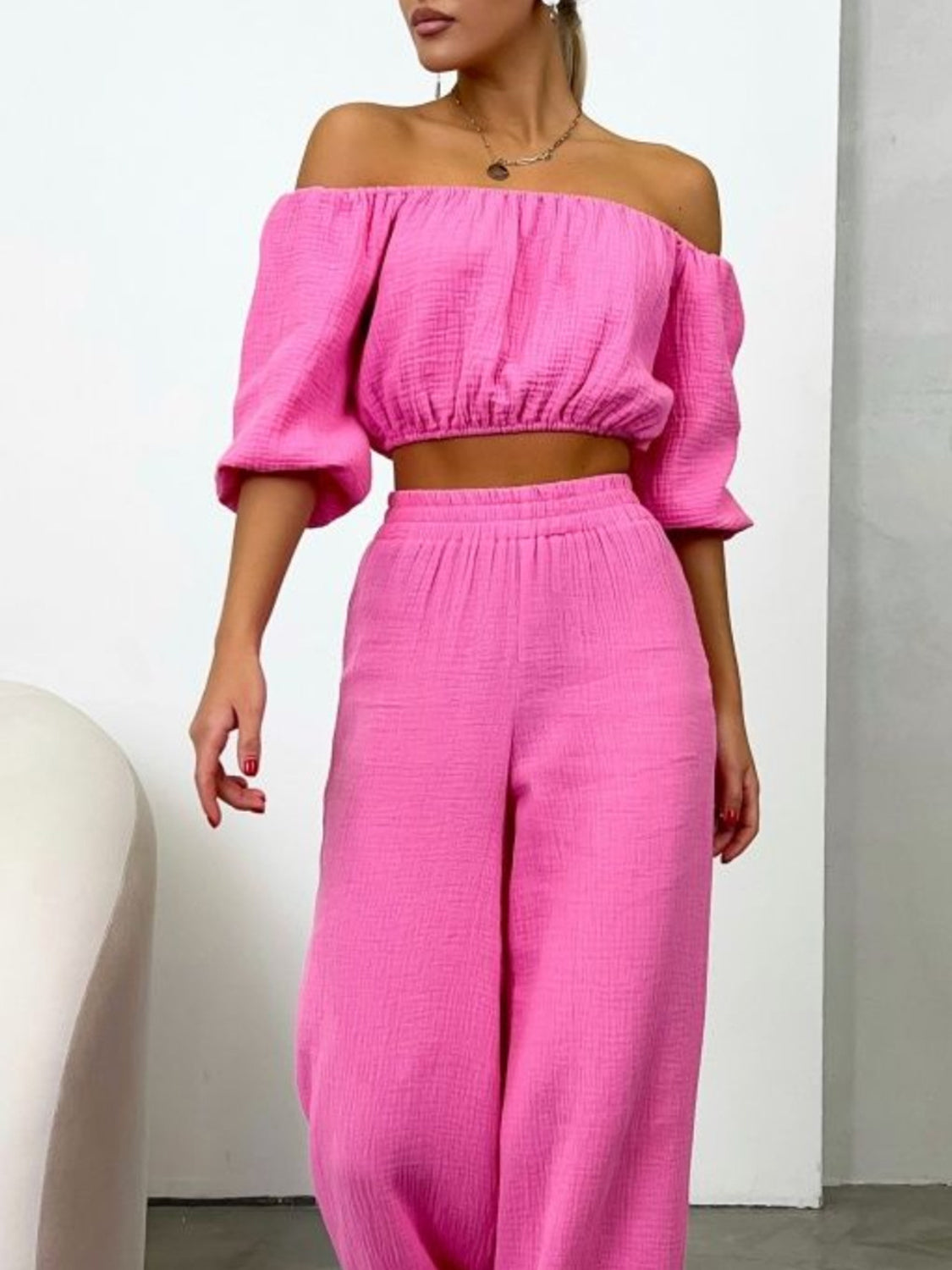 Off Shoulder Long Sleeve Top and Pants Set - SELFTRITSS   