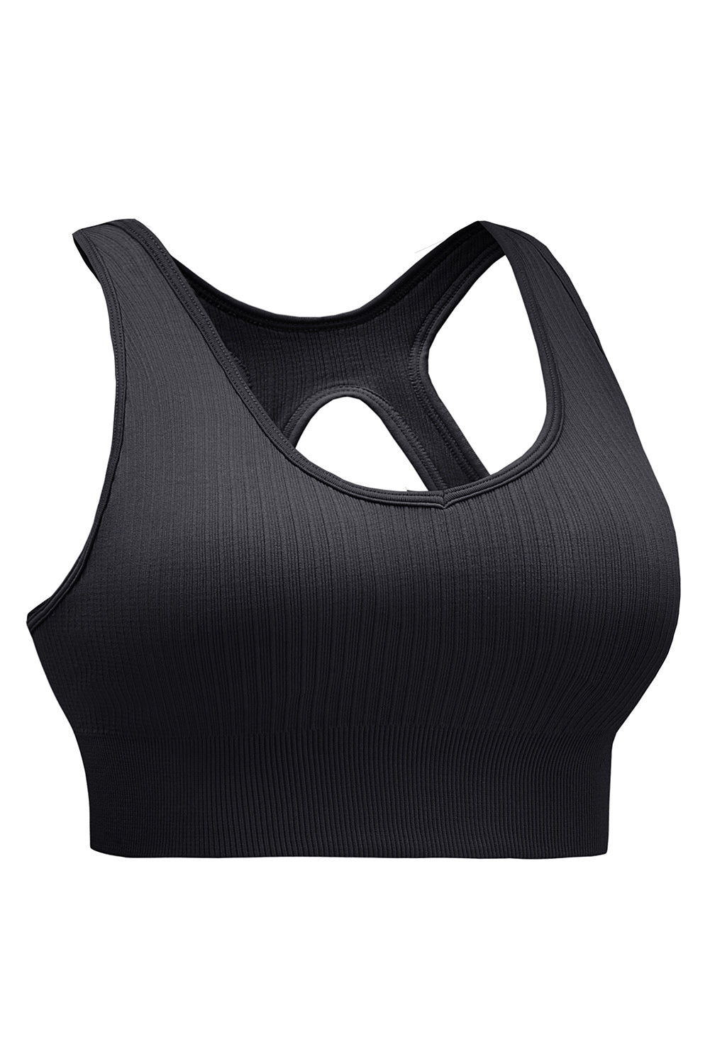 Black Ribbed Hollow-out Racerback Yoga Sports Bra - SELFTRITSS